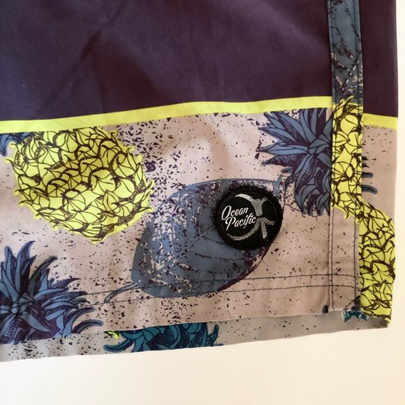 Vintage Ocean Pacific Board Shorts Mens Swim Suit Size M 34 Pineapples Teal Blue - Picture 5 of 16